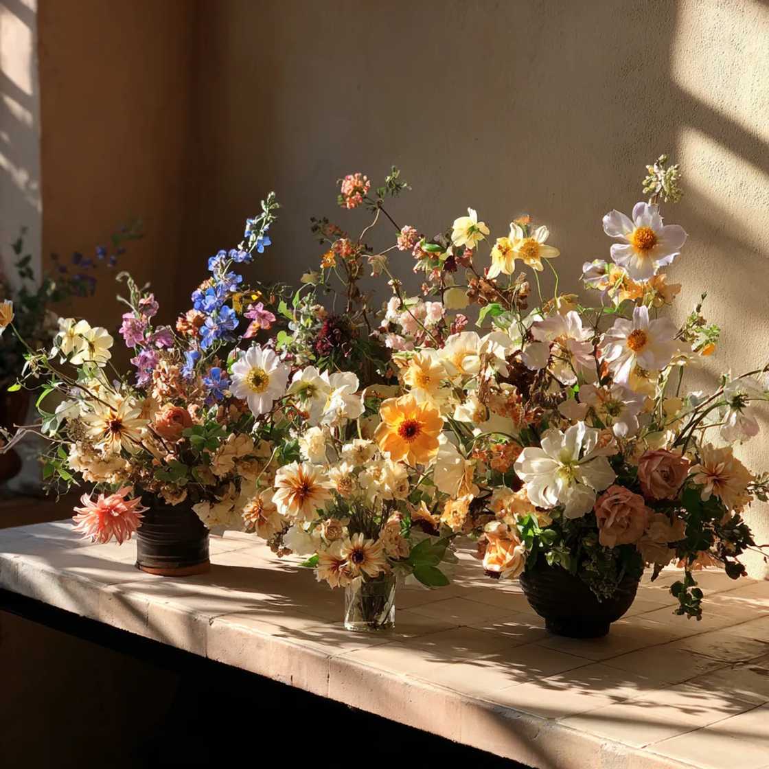 Floral arrangements on a table Floral arrangements on a table