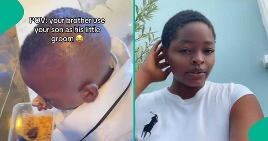 Little groom captured hiding at the back of his mother's chair to consume rice during wedding. Little groom captured hiding at the back of his mother's chair to consume rice during wedding.