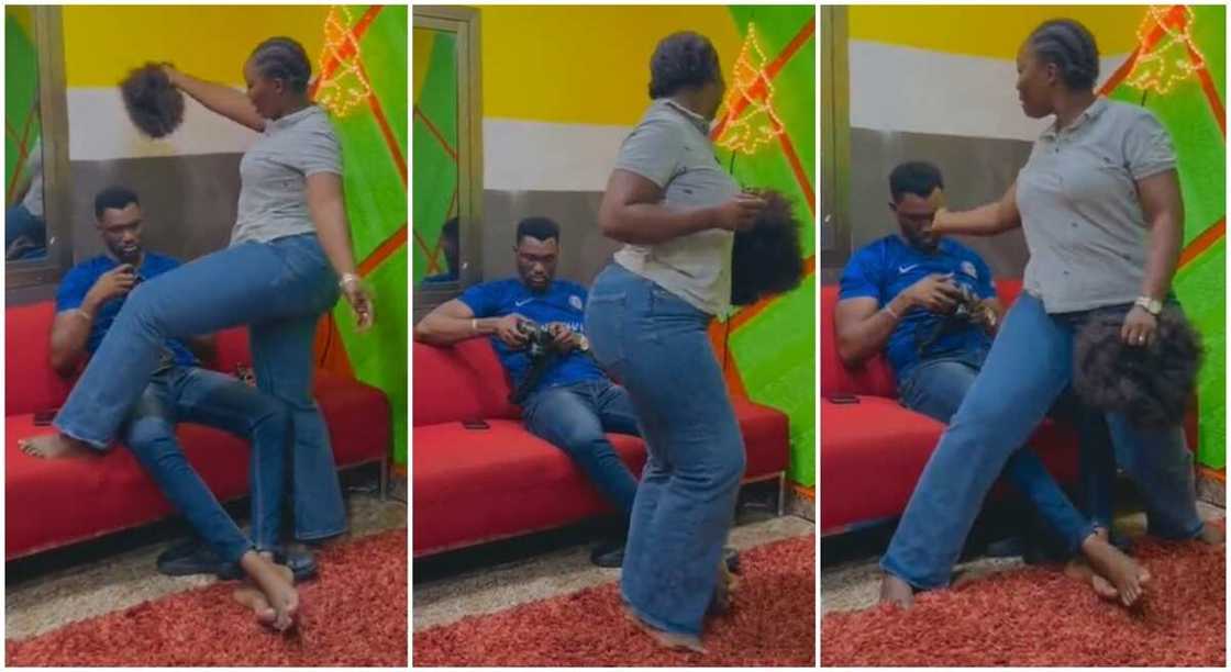 Photos of a lady dancing in front ot her husband. Photos of a lady dancing in front ot her husband.
