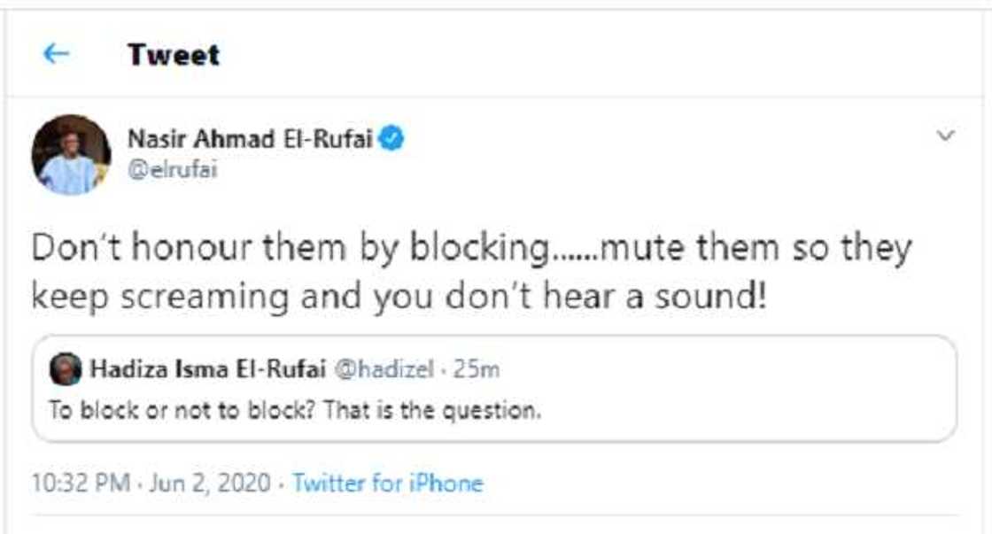 El-Rufai ya shawarci matarsa a kan yadda za ta yi da tsagerun Twitter El-Rufai ya shawarci matarsa a kan yadda za ta yi da tsagerun Twitter