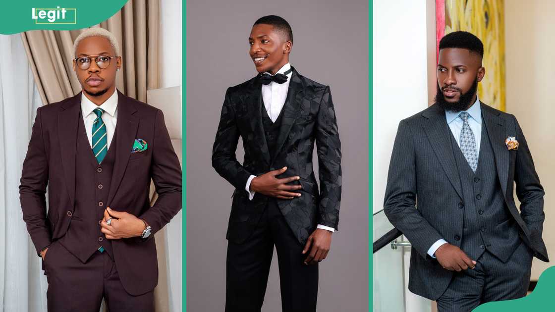 Single-button row suit (L), Notch lapel suit (C), Patterned suit (R) Single-button row suit (L), Notch lapel suit (C), Patterned suit (R)