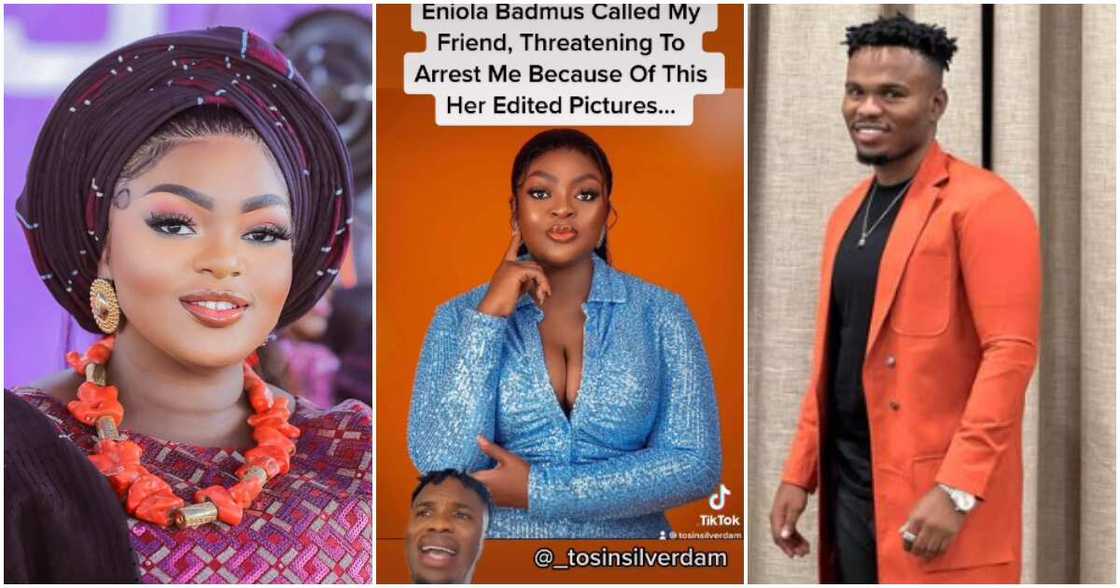Eniola Badmus reportedly threatens to arrest Tosin Silverdam. Eniola Badmus reportedly threatens to arrest Tosin Silverdam.