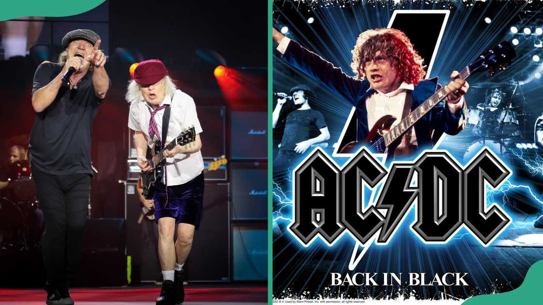 AC/DC band members performing (L). A cover photo of AC/DC album, Back in Black (R). AC/DC band members performing (L). A cover photo of AC/DC album, Back in Black (R).