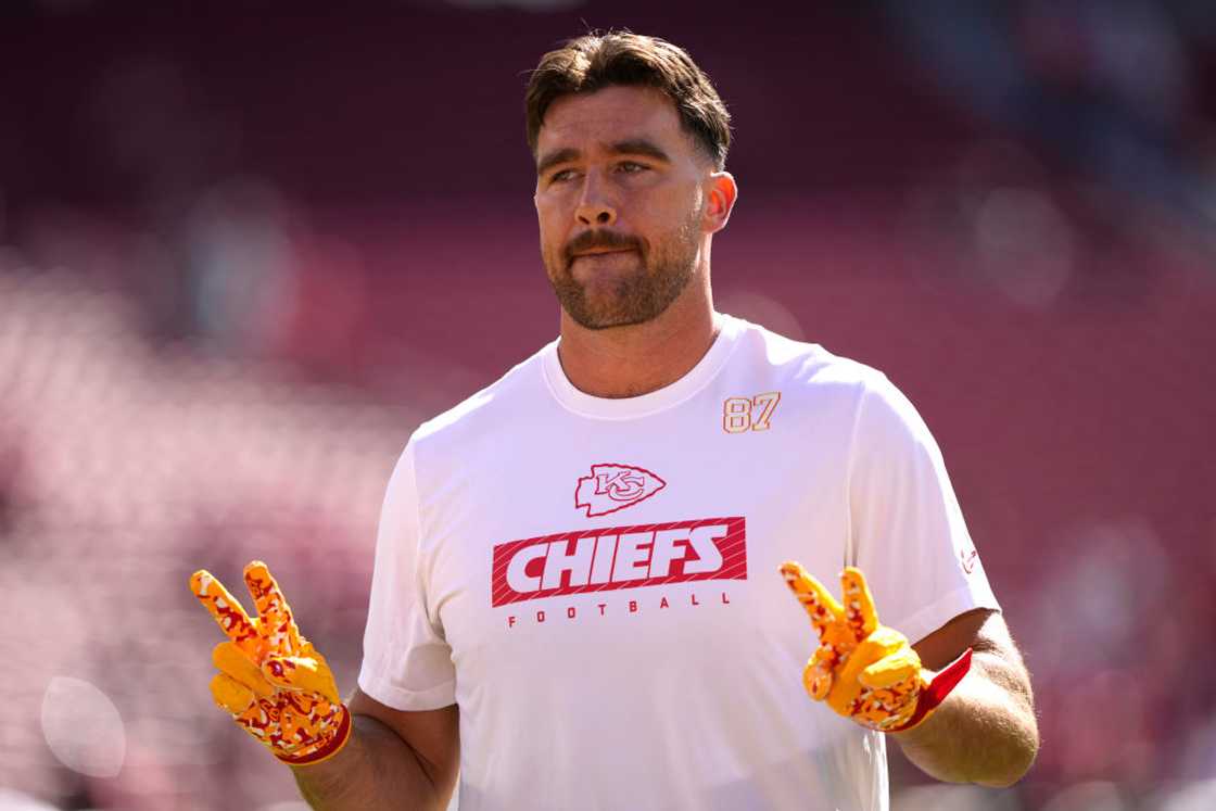 Travis Kelce of the Kansas City Chiefs warms up prior to a game against the San Francisco 49ers at Levi's Stadium in Santa Clara, California Travis Kelce of the Kansas City Chiefs warms up prior to a game against the San Francisco 49ers at Levi's Stadium in Santa Clara, California