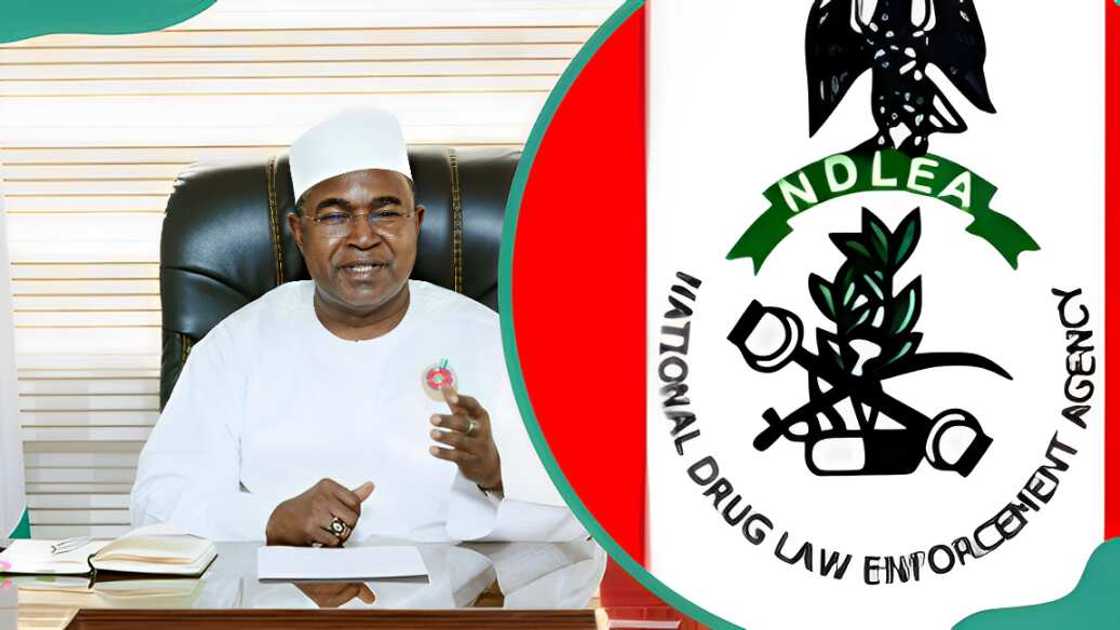 Chairman/Chief Executive Officer of NDLEA, Brig. Gen. MB Marwa (Retd) CON at the NDLEA National Headquarters in Abuja (L) and NDLEA logo (R) Chairman/Chief Executive Officer of NDLEA, Brig. Gen. MB Marwa (Retd) CON at the NDLEA National Headquarters in Abuja (L) and NDLEA logo (R)