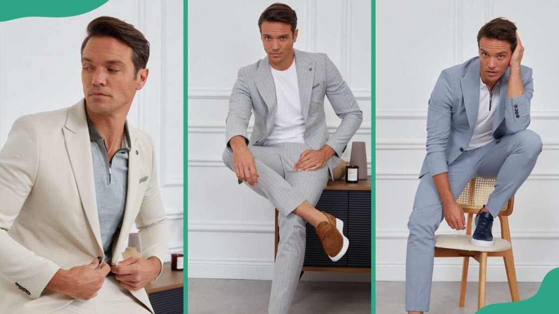 A man showcasing different variation of business casual suits A man showcasing different variation of business casual suits