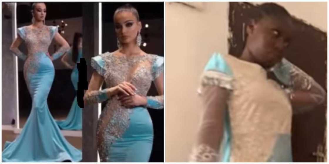 Photos of a dress she ordered and what she got. Photos of a dress she ordered and what she got.