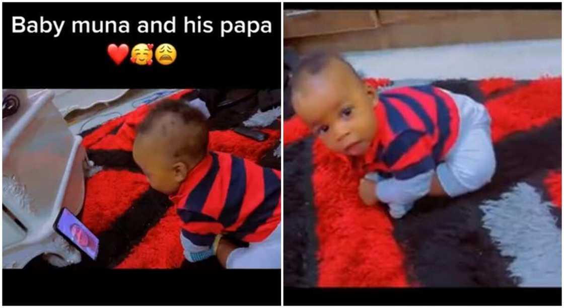 Photos of an adorable Nigerian baby boy, Muna having a video call with his father. Photos of an adorable Nigerian baby boy, Muna having a video call with his father.