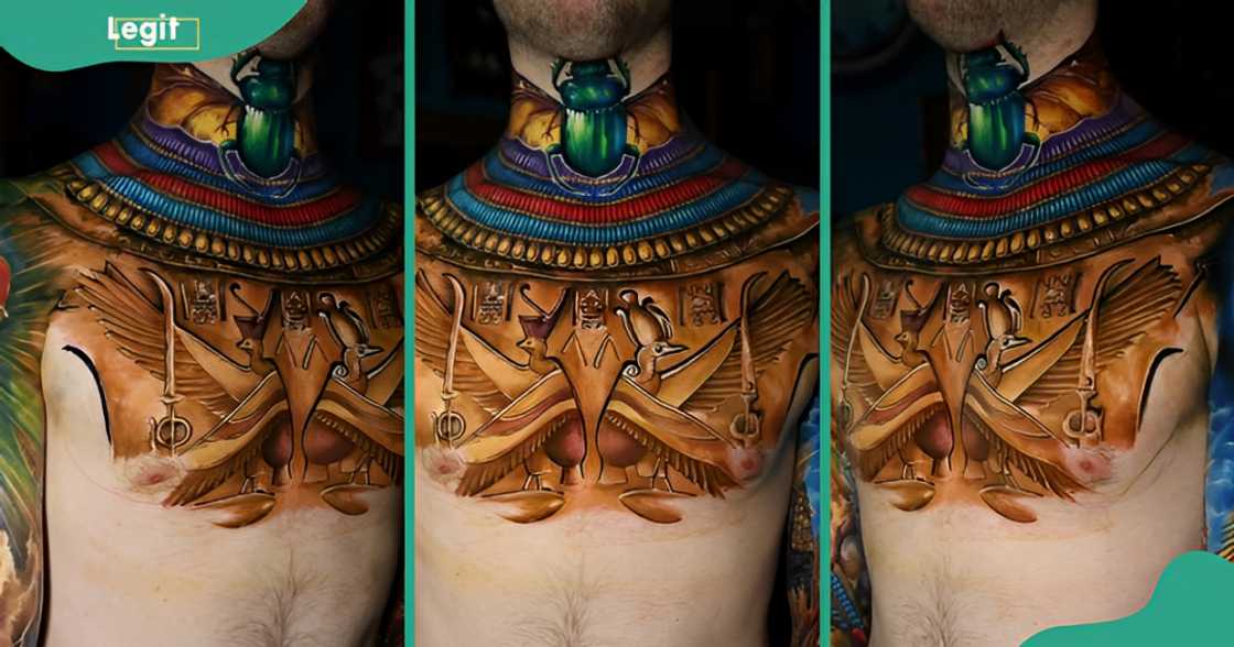 A throat tattoo with various Egyptian mythology symbols.