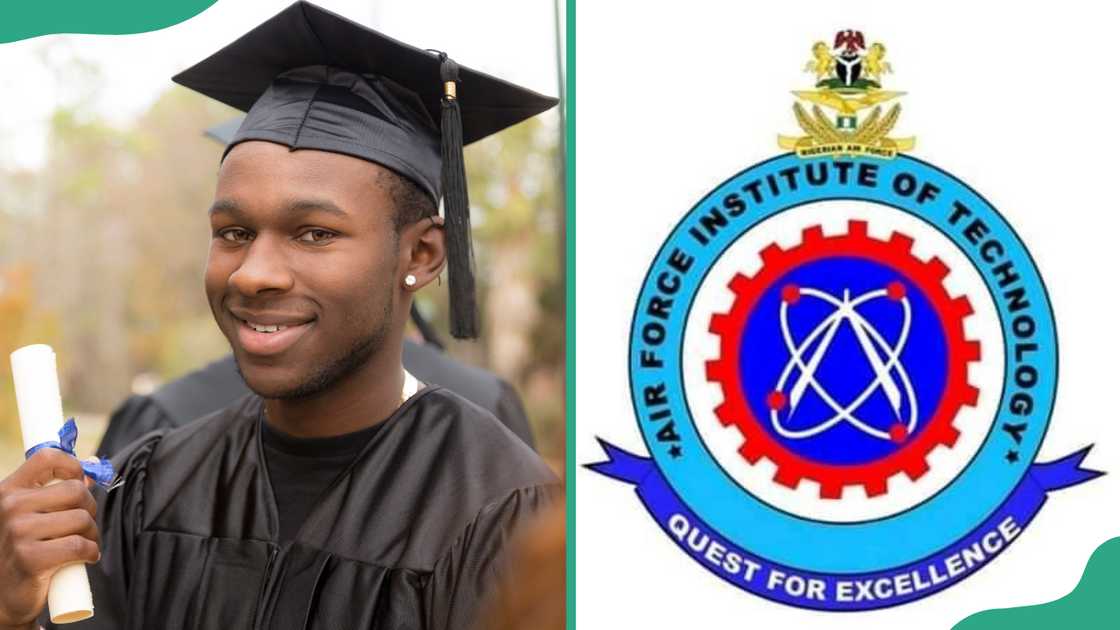 A graduate and friends in college during graduation (L). AFIT logo (R) A graduate and friends in college during graduation (L). AFIT logo (R)