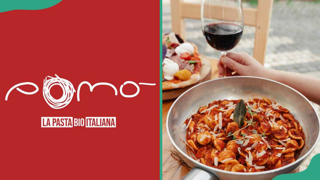 Pomò - La Pasta Italiana logo (L) and a portion of Italian food and a glass of wine (R)