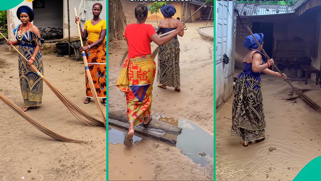 A Nigerian lady shows her brother’s new bride sweeping the family compound as one of the marriage rites