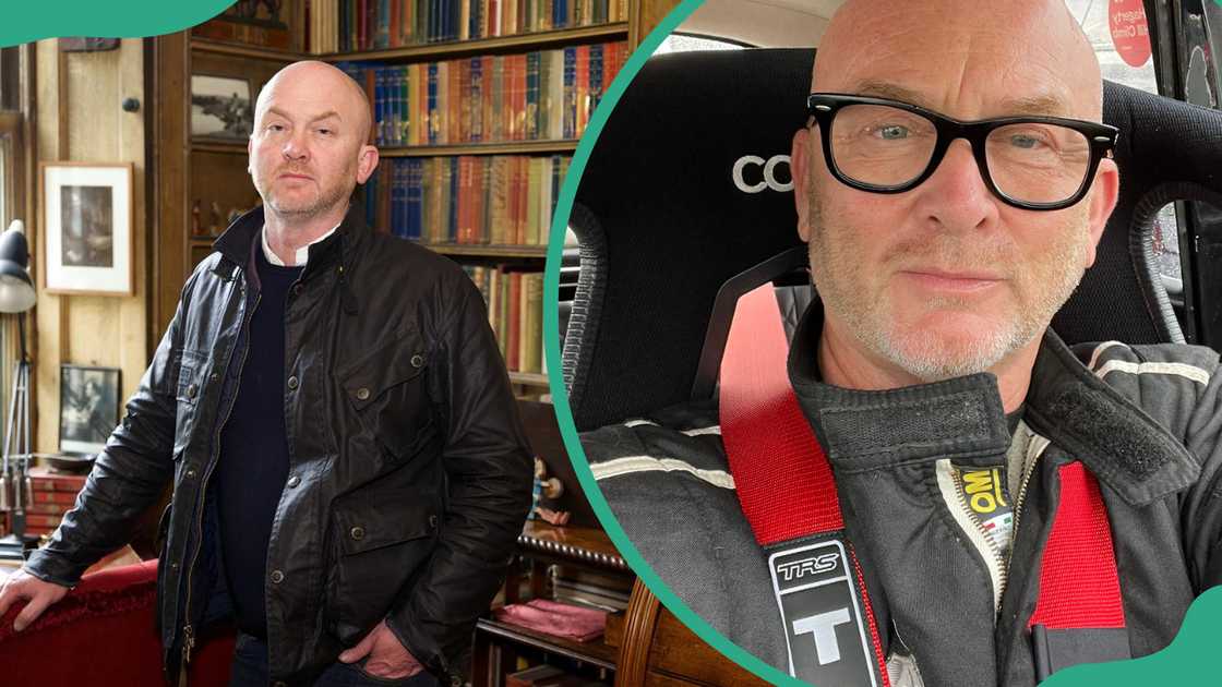 Drew Pritchard is pictured in a black jacket inside a library and inside a car Drew Pritchard is pictured in a black jacket inside a library and inside a car