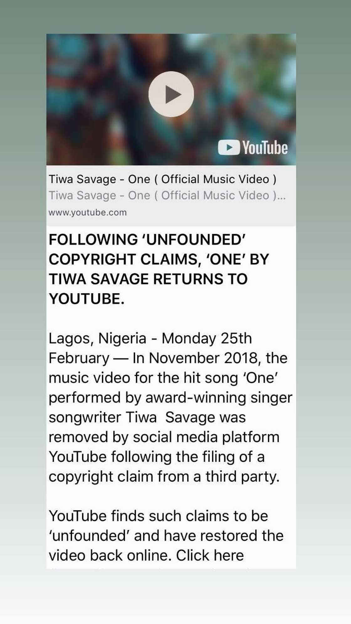 YouTube restores Tiwa Savege's One video following unfounded copyright claims by Danny Young YouTube restores Tiwa Savege's One video following unfounded copyright claims by Danny Young