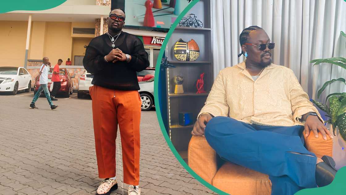 Rooboy posing along the street while wearing an orange trouser (L). Rooboy posing while sitting on an orange couch (R). Rooboy posing along the street while wearing an orange trouser (L). Rooboy posing while sitting on an orange couch (R).
