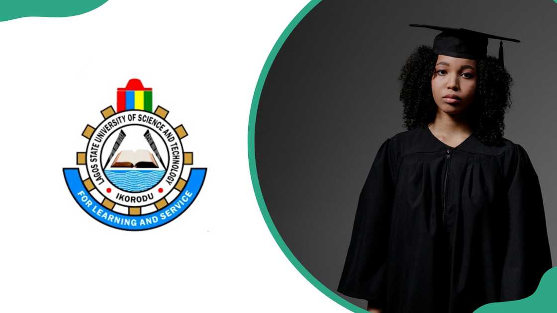 The LASUSTECH logo and a young lady in a black academic dress on her graduation day