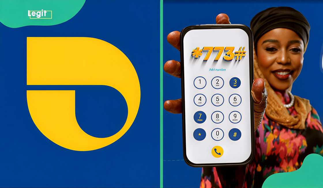The Jaiz Bank logo and a woman holding up a photo showing the Jaiz Bank USSD code