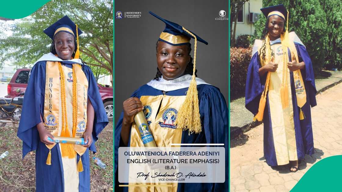 Adeniyi smiles in her graduation gown while holding her certificate Adeniyi smiles in her graduation gown while holding her certificate