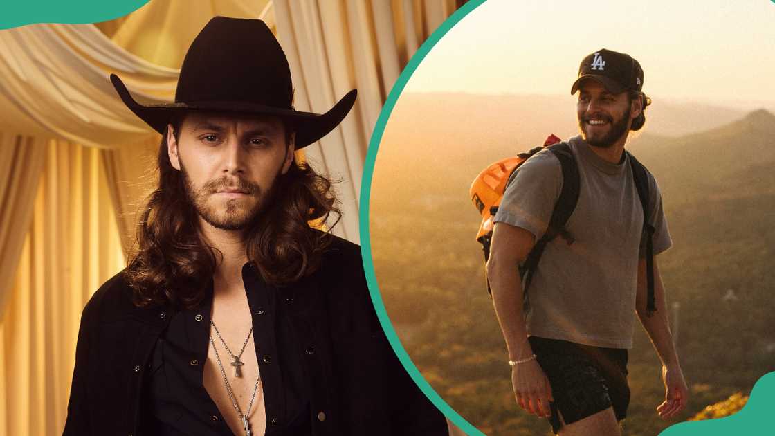 Warren Zeiders in a black cowboy hat and a black shirt (L). The singer on a hike (R)