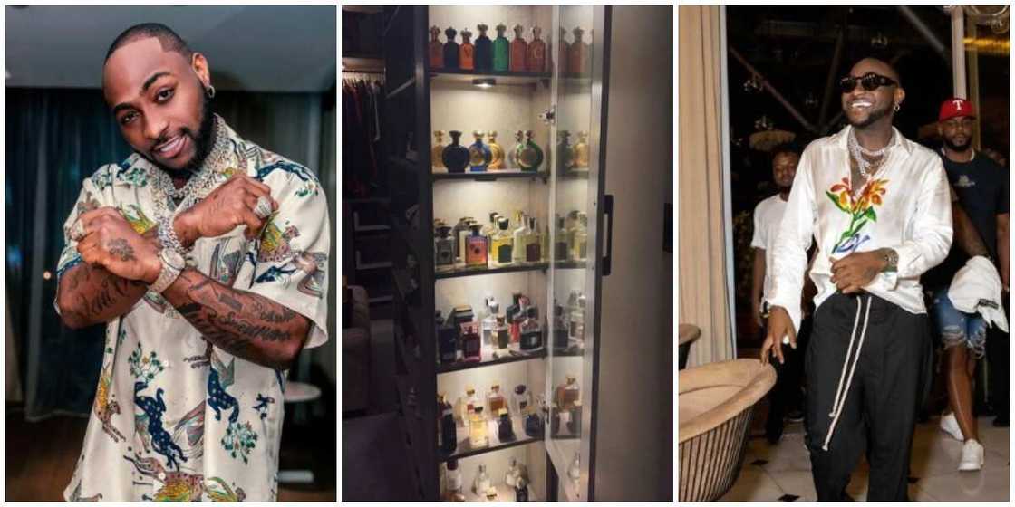 Photos of singer Davido and his collection of perfume. Photos of singer Davido and his collection of perfume.