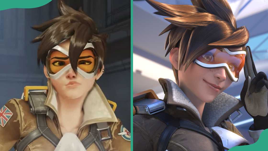 Tracer winks, ready for action, futuristic vibe (L). Tracer speeds into action boldly (R).