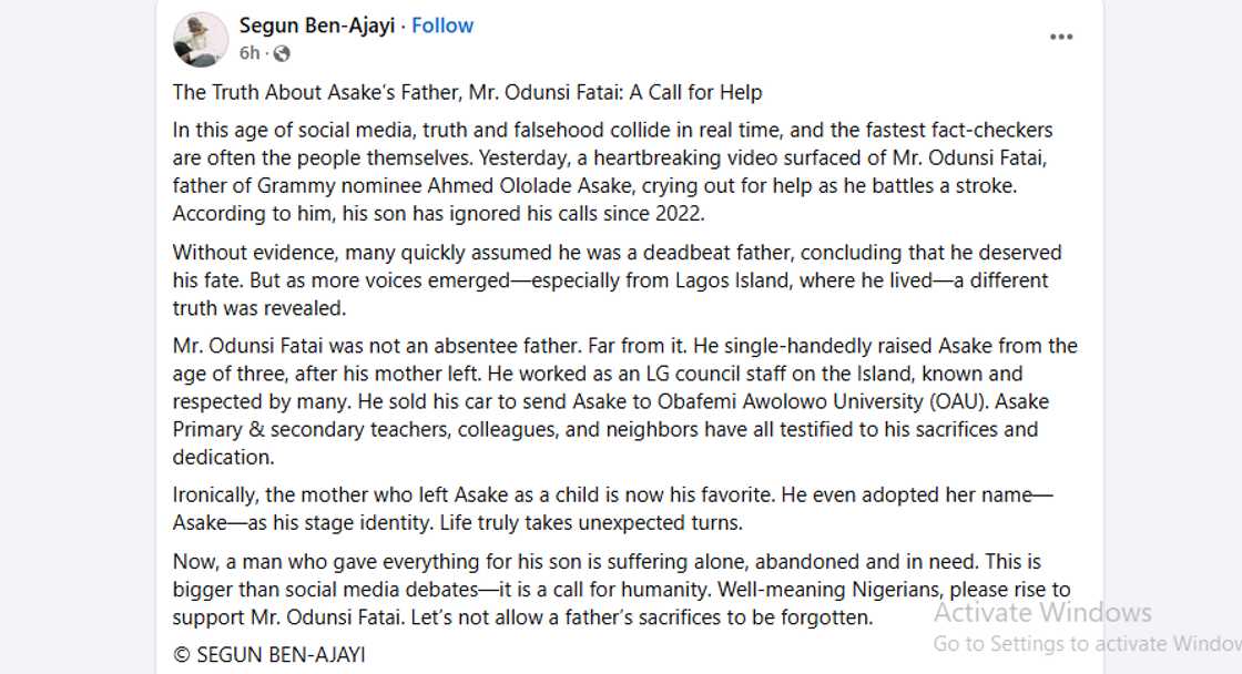 Facebook user shares story about Asake's father. Facebook user shares story about Asake's father.