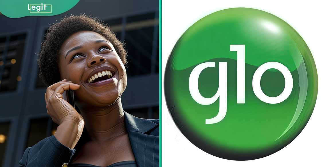 A woman smiles during a call (L). The Glo logo (R).