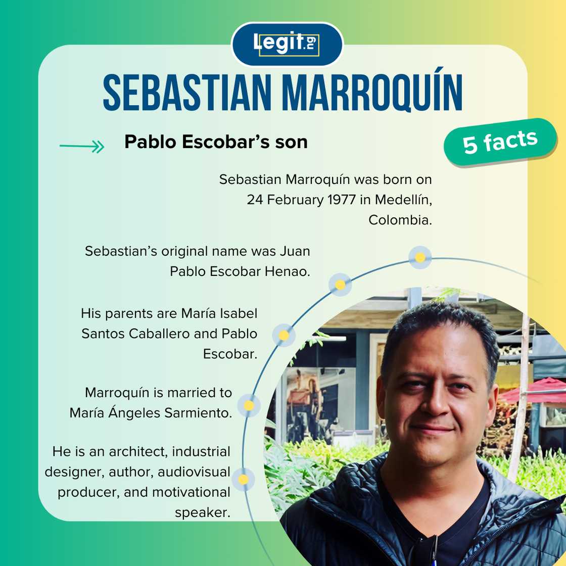 Five facts about Pablo Escobar's only son, Sebastian Marroquín. Five facts about Pablo Escobar's only son, Sebastian Marroquín.