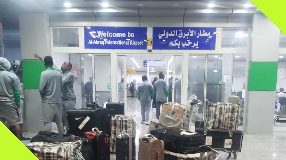 Super Eagles were left stranded at the Al Abraq International Airport. Super Eagles were left stranded at the Al Abraq International Airport.