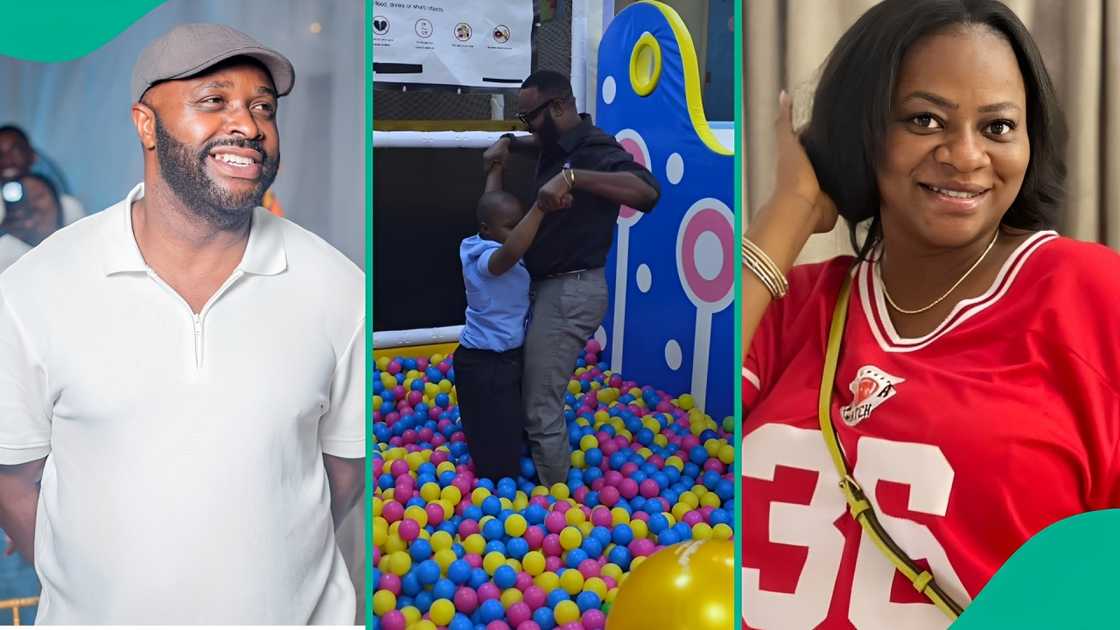 Femi Adebayo visits estranged wife Iyanaladuke's son's school.