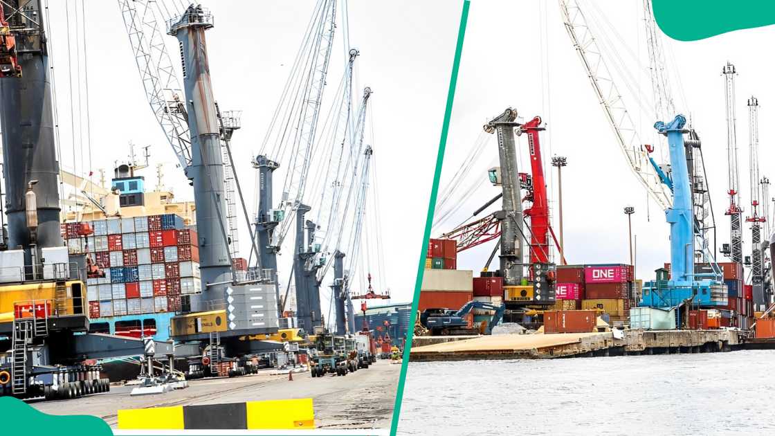 Ships loaded with cargo anchored along the shore. Ships loaded with cargo anchored along the shore.