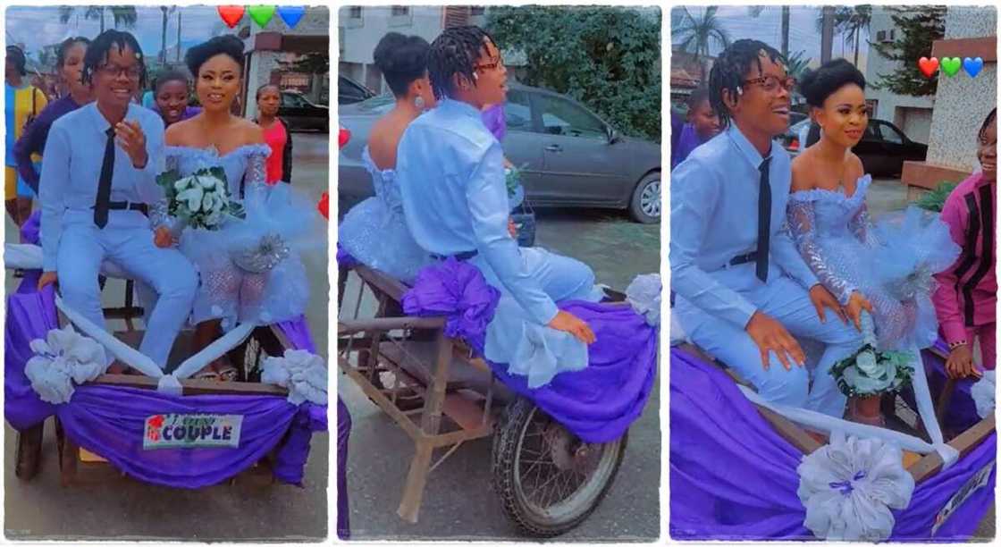 Photos of a bride and groom pushed in a truck to wedding venue. Photos of a bride and groom pushed in a truck to wedding venue.