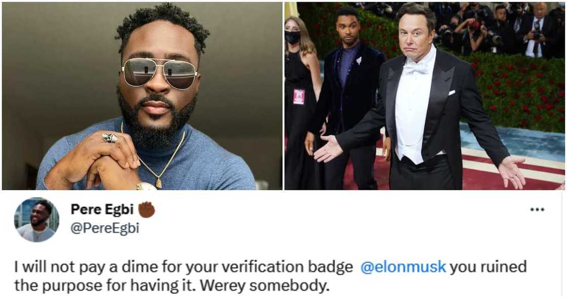 BBNaija's Pere reacts to losing verification badge on Twitter. BBNaija's Pere reacts to losing verification badge on Twitter.