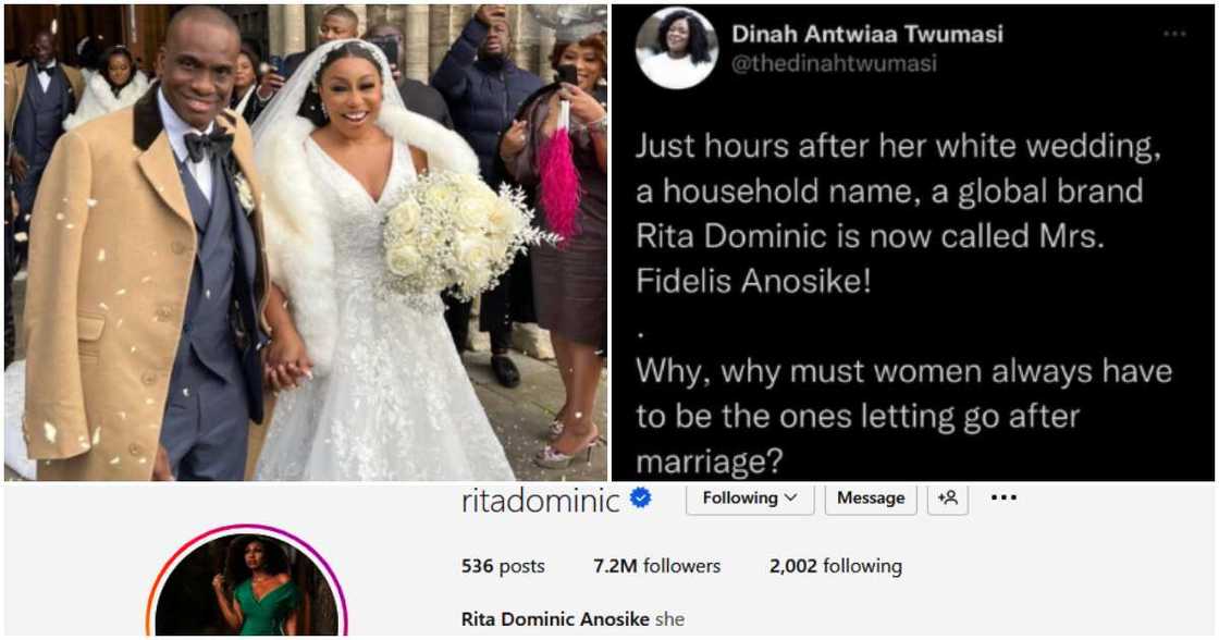 Feminist complains about Rita Dominic changing last name. Feminist complains about Rita Dominic changing last name.