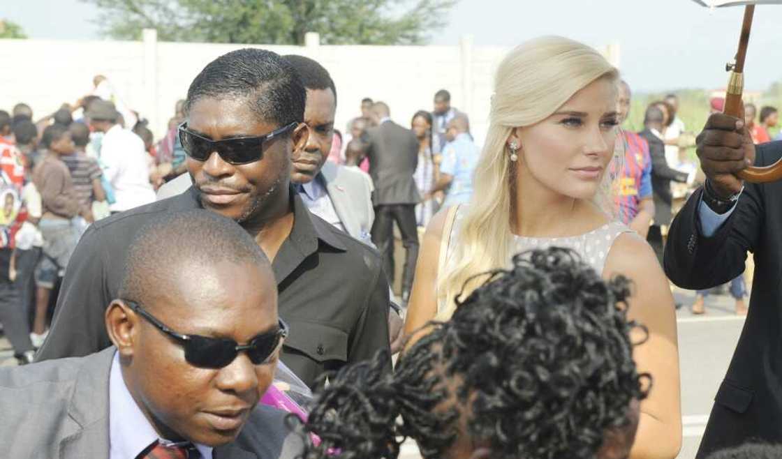 Teodorin, left, pictured alongside girlfriend Christina Mikkelsen, a former Miss Denmark, at a distribution of toys for disadvantaged children in Malabo (2014 file picture)