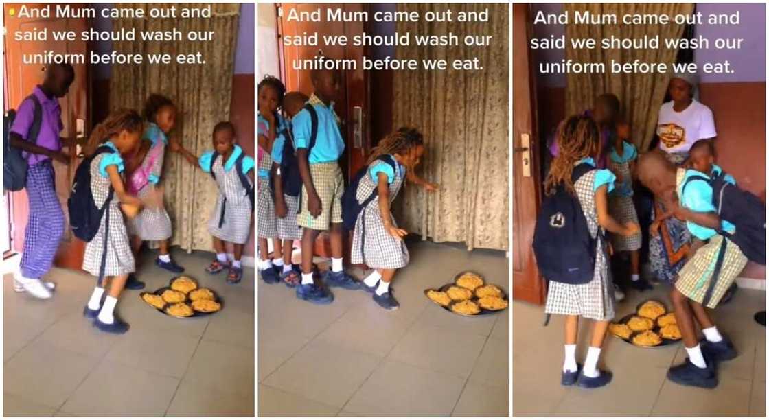 Photos of school children dancing around jollof rice.