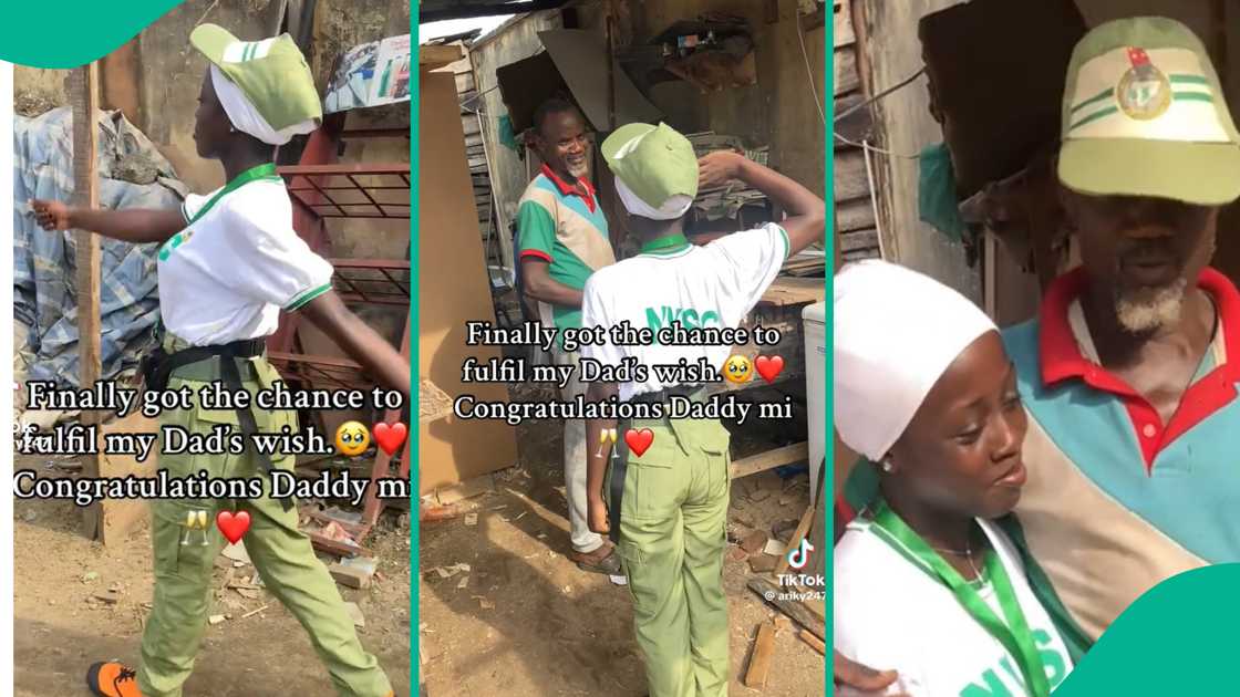 A corps member, Zainab Opeyemi Ayilara, goes viral on TikTok after performing a march-past and national salute for her father in Lagos following her NYSC orientation camp, celebrating his sacrifices and sharing her NYSC experience.