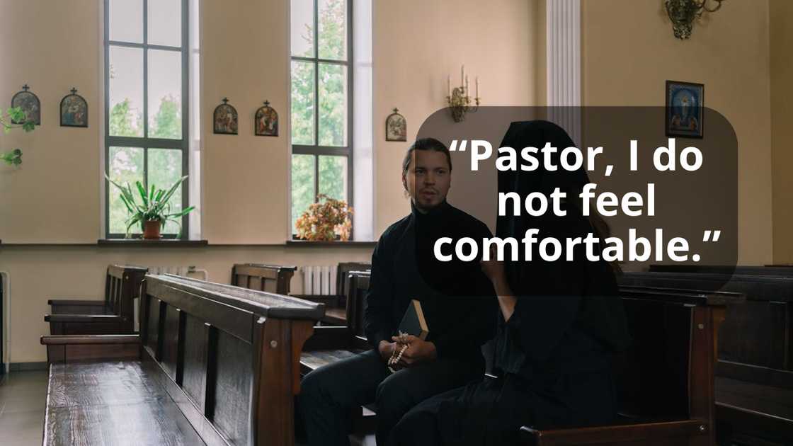 A man and a woman dressed sitting together inside a church, holding prayer beads and a book. A man and a woman dressed sitting together inside a church, holding prayer beads and a book.