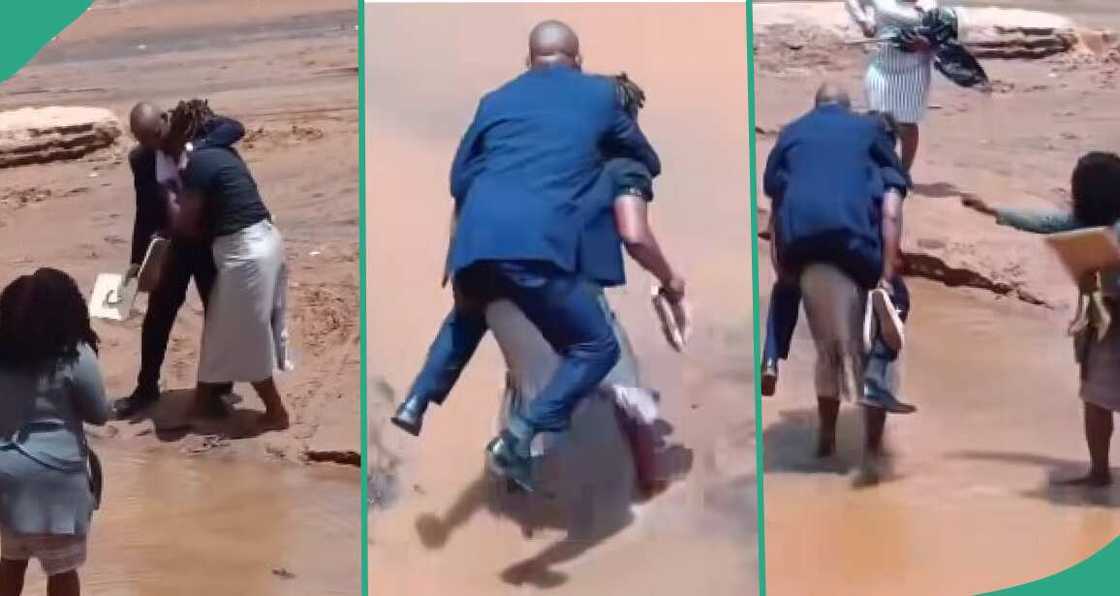 Woman carries her husband across river in viral video Woman carries her husband across river in viral video