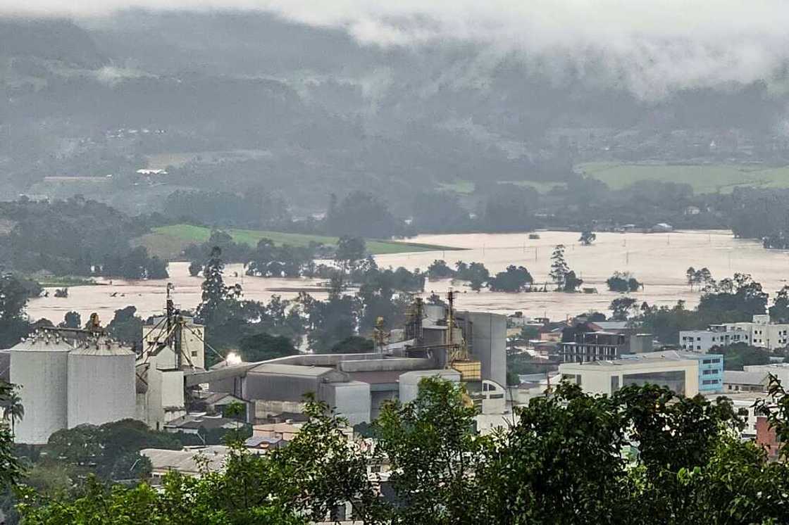 Aerial view of flooded areas in Encantado city, Rio Grande do Sul, Brazil