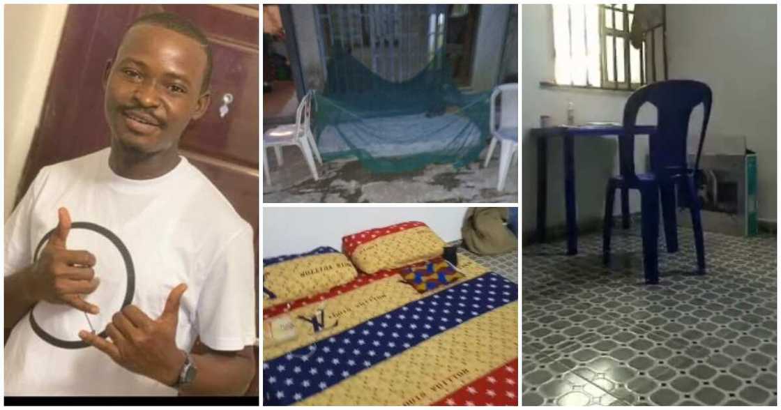 Korkaue Birah, man who slept outside with net, new room, few properties