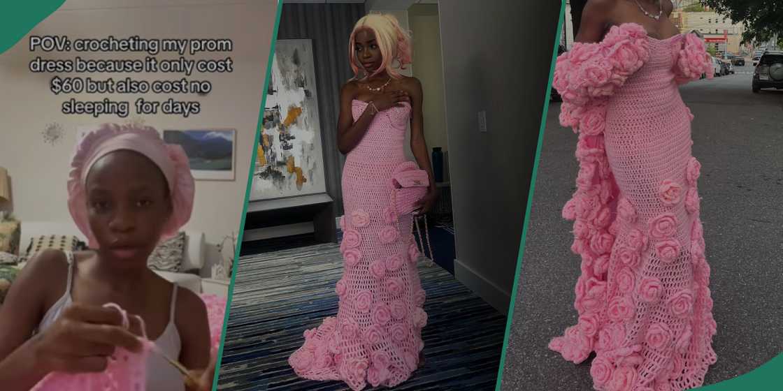 A lady makes a beautiful crochet dress