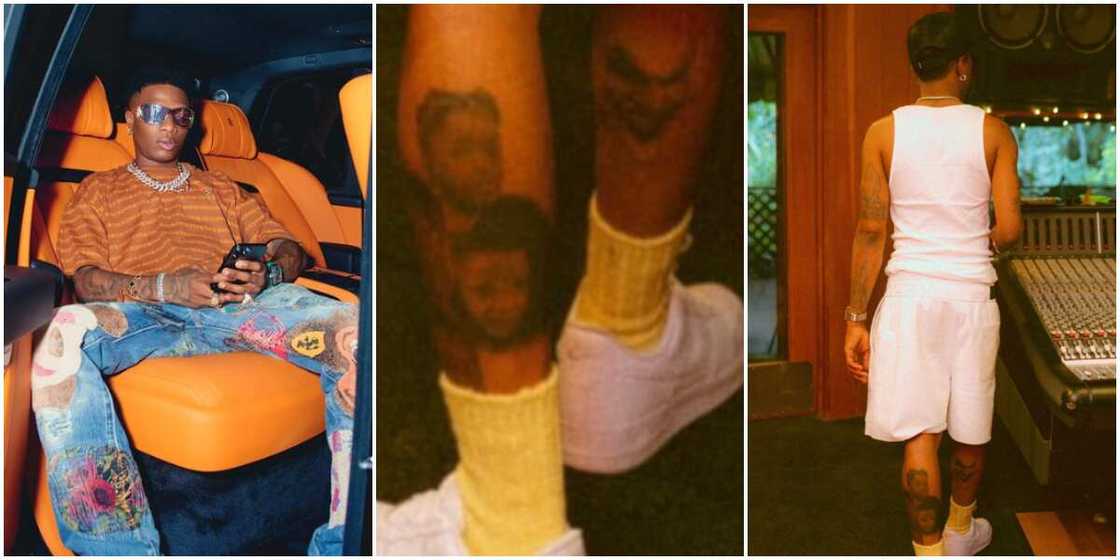 Wizkid, Wizkid tattoos children's faces on his legs, Wizkid with his four sons tattooed on his leg Wizkid, Wizkid tattoos children's faces on his legs, Wizkid with his four sons tattooed on his leg