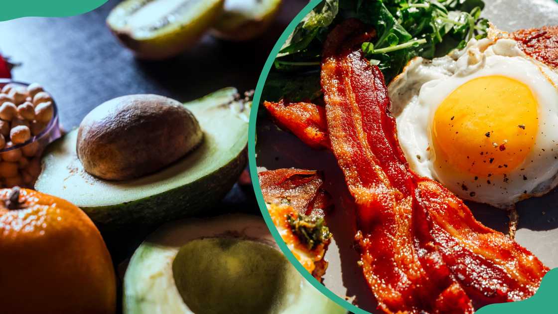 Organic natural diet fruits, vegetables and seeds with grain and fried egg, bacon, cheese, ground beef and salad Organic natural diet fruits, vegetables and seeds with grain and fried egg, bacon, cheese, ground beef and salad