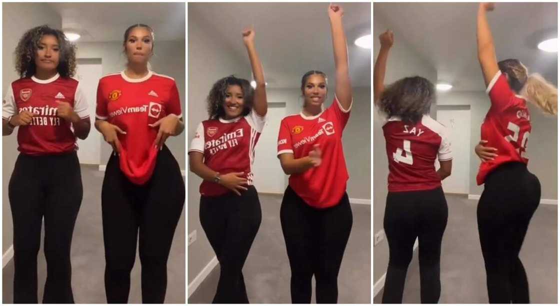 Pretty ladies in Arsenal and Manchester United jerseys. Pretty ladies in Arsenal and Manchester United jerseys.