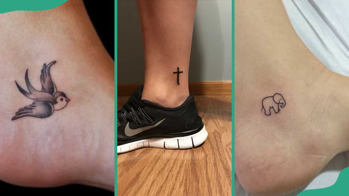 Hummingbird (L), cross (C) and elephant (R) tattoos