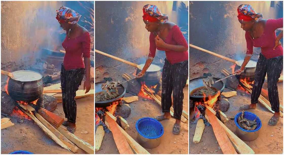 Photos of a beautiful lady frying fish.