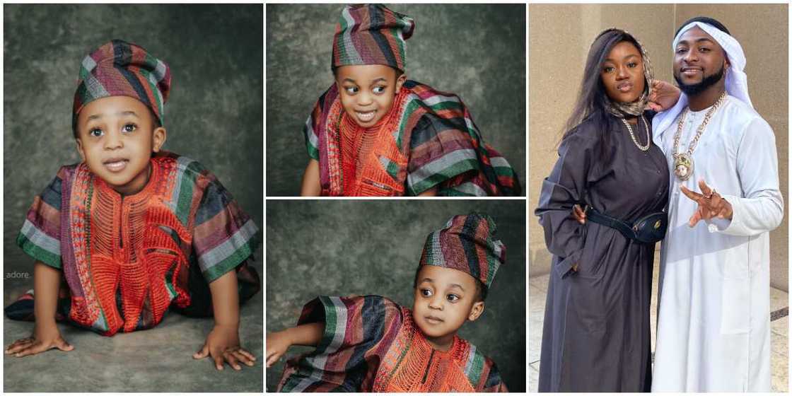 Davido's son Ifeanyi rocks 'aso oke' in birthday photos.