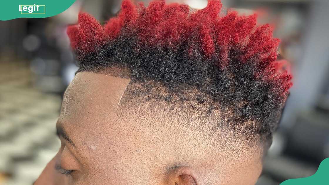 a curly red high-top fade for men