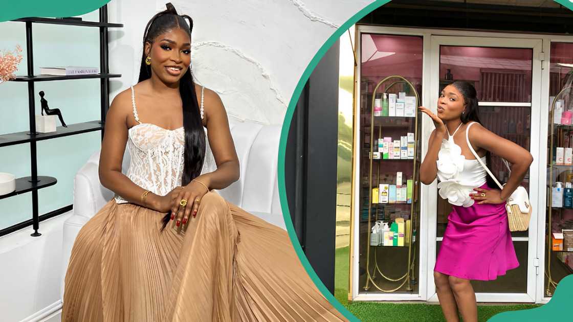 Thelma Lawson sitting on a white couch (L). The entrepreneur posing outside her cosmetics store display (R) Thelma Lawson sitting on a white couch (L). The entrepreneur posing outside her cosmetics store display (R)